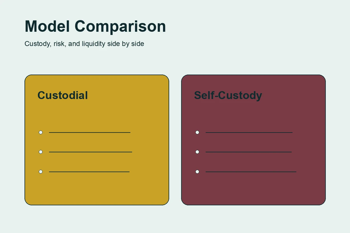 Illustration comparing custodial exchange staking against self-custody delegated staking, each with distinct risk markers