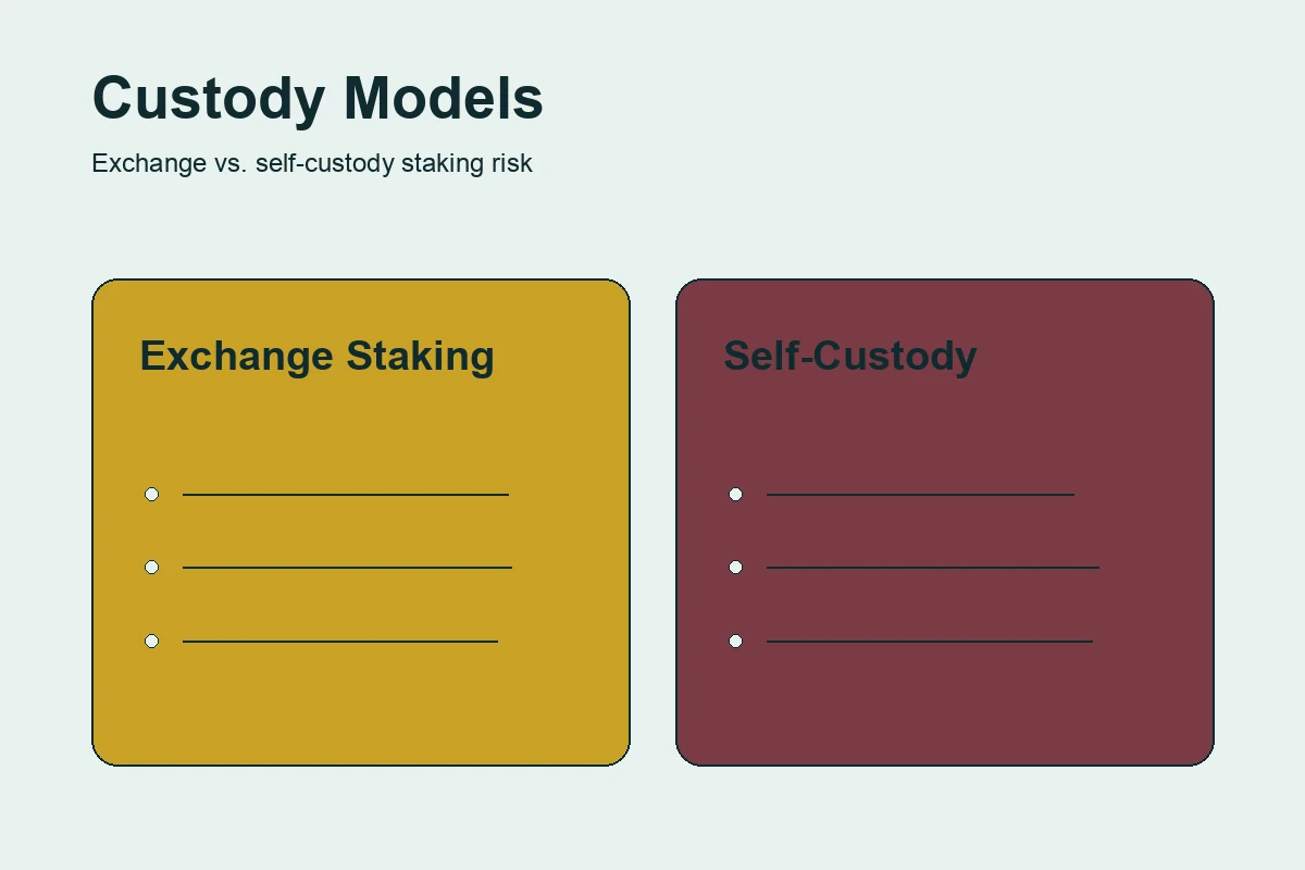Side-by-side illustration comparing exchange custodial staking and self-custody staking, each shown as a distinct box with its own risk markers