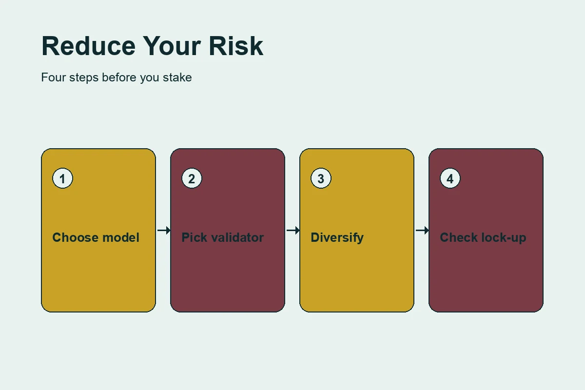 Four-step illustrated checklist showing how to reduce crypto staking risk, from choosing a custody model to reading the unbonding period