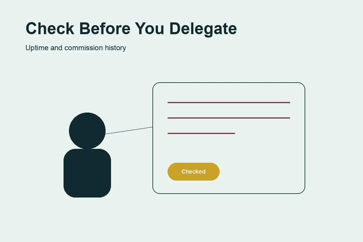 Illustration of a person reviewing a validator's uptime history and commission record on a screen before delegating stake