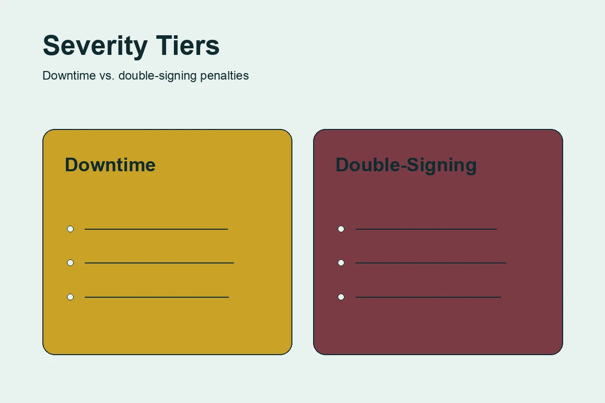 Illustration comparing a small downtime penalty against a larger double-signing penalty on a validator's staked balance
